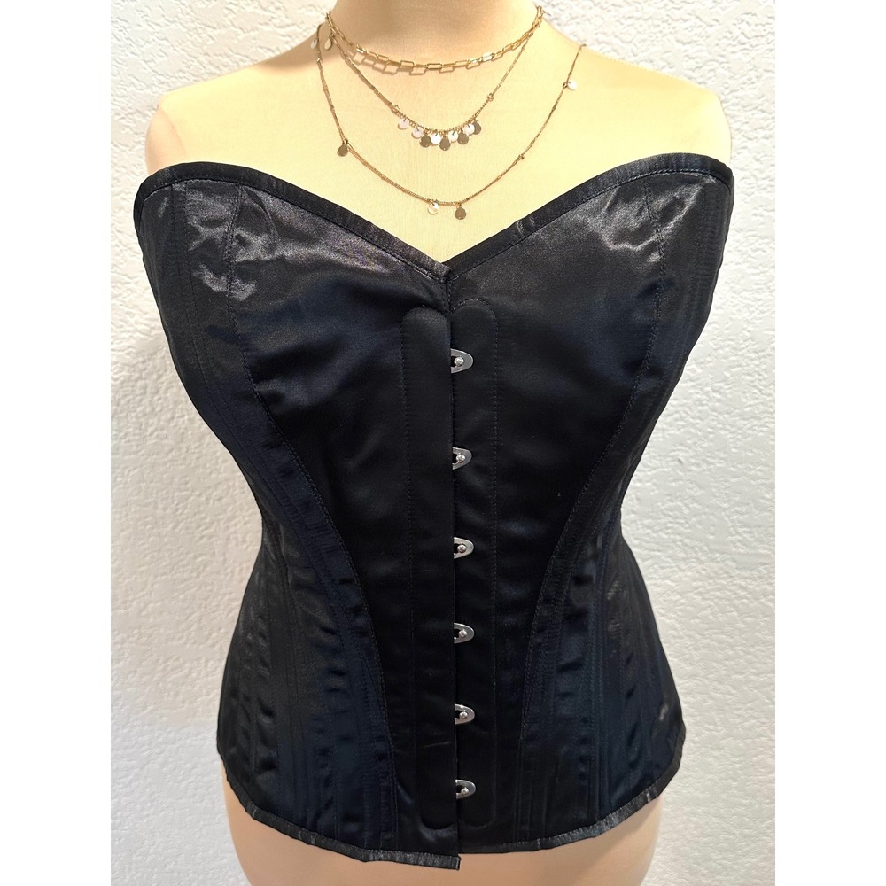 Vintage Goth Aster Blk Satin Steel Boned Overbust Corset W-32 Steampunk Cosplay